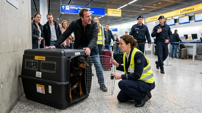 EIN UNGEDULDIGER PASSAGIER WILL DEN WEINENDEN SCHÄFERHUND NICHT AN BORD LASSEN UND TRITT GEGEN DIE TRANSPORTBOX — DOCH DIE TIERÄRZTIN ENTDECKT 1 SPUR IM FELL, DIE NICHT ZU EINEM NORMALEN FLUG PASST.