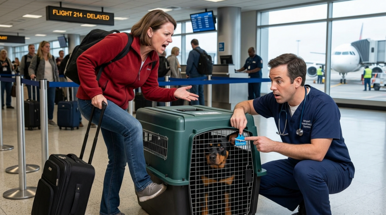 EINE PASSAGIERIN SCHLÄGT MIT DEM KOFFER GEGEN DIE TRANSPORTBOX UND SCHREIT, DER ROTTWEILER MÜSSE WEG — DOCH DIE FLUGHAFEN-TIERÄRZTIN ENTDECKT 1 UNGLAUBLICHES DETAIL AM OHR, DAS DEN ABFLUGPLATZ SPERRT.