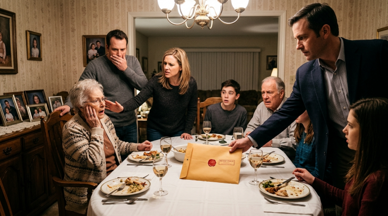 DIE SCHWIEGERTOCHTER OHRFEIGTE DIE ALTE SCHWIEGERMUTTER BEIM ABENDESSEN VOR DER GANZEN FAMILIE — BIS DER NOTAR EINEN UMSCHLAG AUF DEN TISCH LEGTE.
