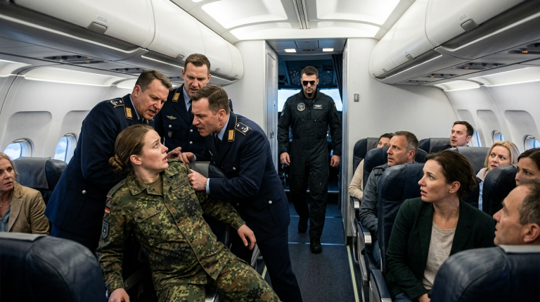 DIE SCHWANGERE SOLDATIN KLARA WIRD IM FLUGZEUG NACH MÜNCHEN VON 3 OFFIZIEREN BESPUCKT UND AUF DEN BODEN GESTOSSEN, WEIL SIE SICH WEIGERTE, IHREN SITZPLATZ AUFZUGEBEN… WELCHER MYSTERIÖSE KAMPFPILOT VERLÄSST PLÖTZLICH DAS COCKPIT, UM DIESE GRAUSAME DEMÜTIGUNG ZU BEENDEN?