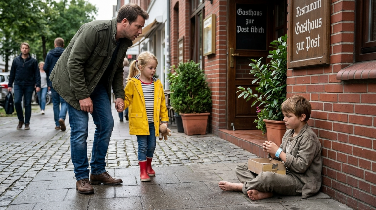 DIE KLEINE EMMA GING MIT IHREM VATER DURCH HAMBURG, BIS EIN BARFÜSSIGER JUNGE MIT EINER BOX VOR DEM RESTAURANT SASS — UND SEIN KLINIKBAND LIESS DEN VATER PLÖTZLICH ERSTARRN