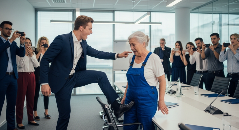 Die alte Reinigungskraft, die seit 30 Jahren für den Konzern gearbeitet hatte, wurde vom neu ernannten jungen Direktor vor der gesamten Belegschaft als „wertloser Dreck“ beschimpft. Er trat ihren Wassereimer um, sodass das schmutzige Wasser über ihre Schuhe lief, und befahl ihr, das Gebäude sofort zu verlassen. Doch genau in diesem Moment legten zahlreiche Mitarbeiter geschlossen ihre Arbeit nieder … und zeigten dem arroganten Chef, dass man niemals irgendeinen Menschen unterschätzen sollte.