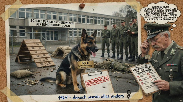 DER DIENSTHUND REX FIEL AN DER SCHULE FÜR DIENSTHUNDEWESEN DER BUNDESWEHR IN ULMEN DURCH JEDE PRÜFUNG — BIS EIN ALTER FELDWEBEL DEN NAMEN AUF SEINEM HALSBAND LAS