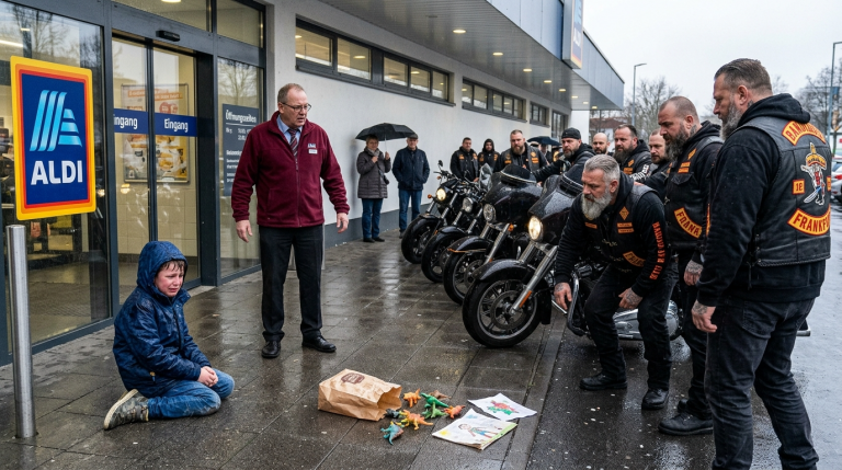 EIN WEINENDER JUNGE WURDE VOR DEM ALDI IN FRANKFURT VOM FILIALLEITER IN DEN EISIGEN REGEN GESTOSSEN, WEIL ER ANGEBLICH EIN BROT GESTOHLEN HATTE… WAS WERDEN DIE 12 ROCKER DER BANDIDOS TUN, DIE GERADE VORFAHREN, UND WELCHE SCHOCKIERENDE WAHRHEIT KOMMT ANS LICHT?