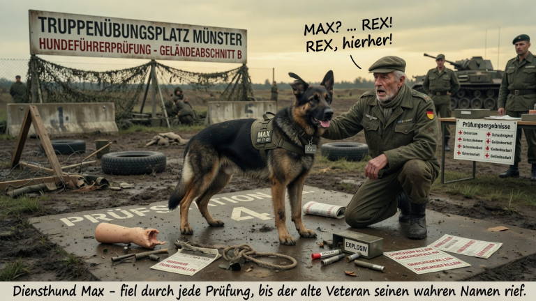 DER DIENSTHUND MAX FIEL AUF DEM TRUPPENÜBUNGSPLATZ MUNSTER DURCH JEDE PRÜFUNG — BIS DER ALTE VETERAN SEINEN WAHREN NAMEN RIEF
