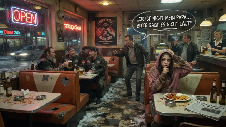 „ER IST NICHT MEIN PAPA… BITTE SAGT ES NICHT LAUT“ — DAS VERDRECKTE MÄDCHEN SCHLICH IM HAMBURGER DINER ZUM BIKER-TISCH, WÄHREND DER FREMDE MANN AN DER TÜR NUR AUFSTAND