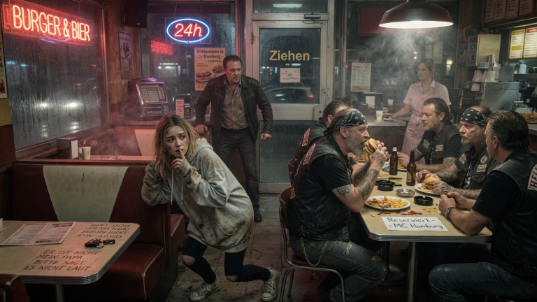 „ER IST NICHT MEIN PAPA… BITTE SAGT ES NICHT LAUT“ — DAS VERDRECKTE MÄDCHEN SCHLICH IM HAMBURGER DINER ZUM BIKER-TISCH, WÄHREND DER FREMDE MANN AN DER TÜR NUR AUFSTAND