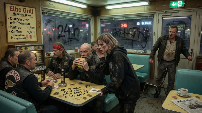 „ER IST NICHT MEIN PAPA… BITTE SAGT ES NICHT LAUT“ — DAS VERDRECKTE MÄDCHEN SCHLICH IM HAMBURGER DINER ZUM BIKER-TISCH, WÄHREND DER FREMDE MANN AN DER TÜR NUR AUFSTAND