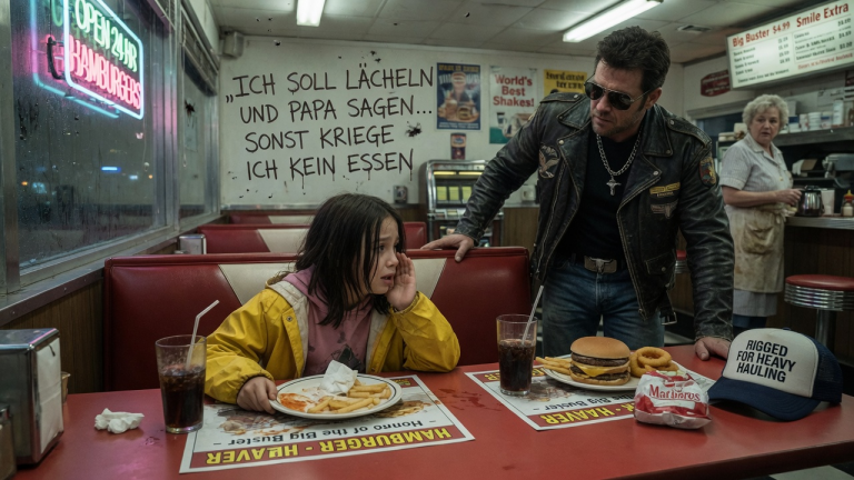 „ICH SOLL LÄCHELN UND PAPA SAGEN… SONST KRIEGE ICH KEIN ESSEN“ — DAS HUNGRIGE MÄDCHEN FLÜSTERTE ES IM HAMBURGER DINER, ALS DER MANN MIT DER LEDERJACKE AUFSTAND