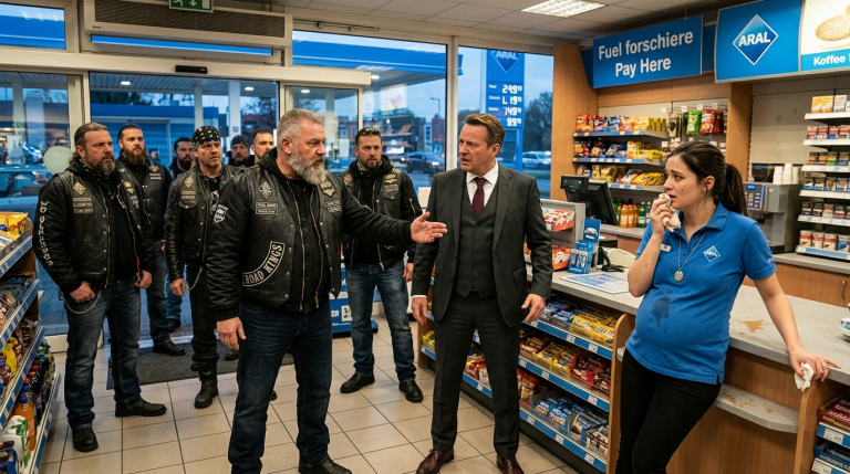EIN REICHER GESCHÄFTSMANN OHRFEIGTE DIE SCHWANGERE KASSIERERIN AN EINER ARAL TANKSTELLE UND WARF IHR HEISSEN KAFFEE INS GESICHT, WEIL SIE ZU LANGSAM WAR… WIE WERDEN 10 GRIMMIGE BIKER DARAUF REAGIEREN UND WELCHES UNGLAUBLICHE GEHEIMNIS VERBIRGT DIE JUNGE FRAU?