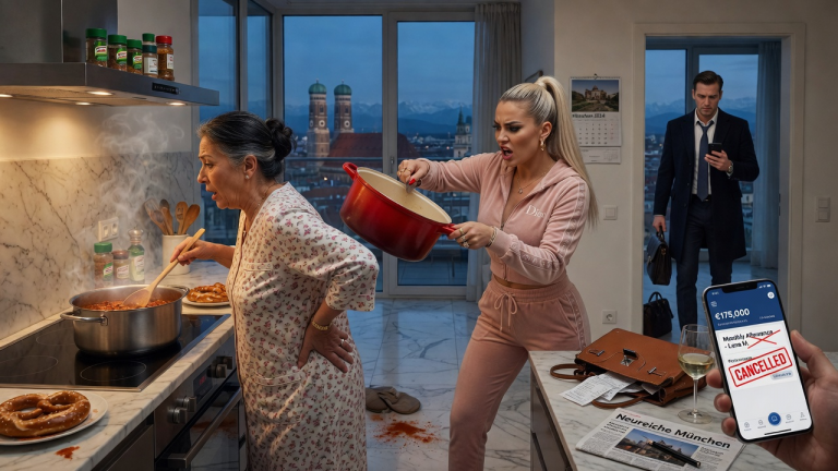 MY DAUGHTER-IN-LAW GRABBED THE POT AND HIT MY BACK WHILE I WAS COOKING DINNER IN MUNICH — UNAWARE MY BILLIONAIRE SON CAME HOME EARLY, SAW EVERYTHING AND CUT HER €175,000 ALLOWANCE COLD…