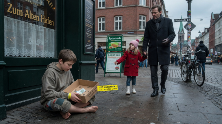 DIE KLEINE EMMA GING MIT IHREM VATER DURCH HAMBURG, BIS EIN BARFÜSSIGER JUNGE MIT EINER BOX VOR DEM RESTAURANT SASS — UND SEIN KLINIKBAND LIESS DEN VATER PLÖTZLICH ERSTARRNDIE KLEINE EMMA GING MIT IHREM VATER DURCH HAMBURG, BIS EIN BARFÜSSIGER JUNGE MIT EINER BOX VOR DEM RESTAURANT SASS — UND SEIN KLINIKBAND LIESS DEN VATER PLÖTZLICH ERSTARRN