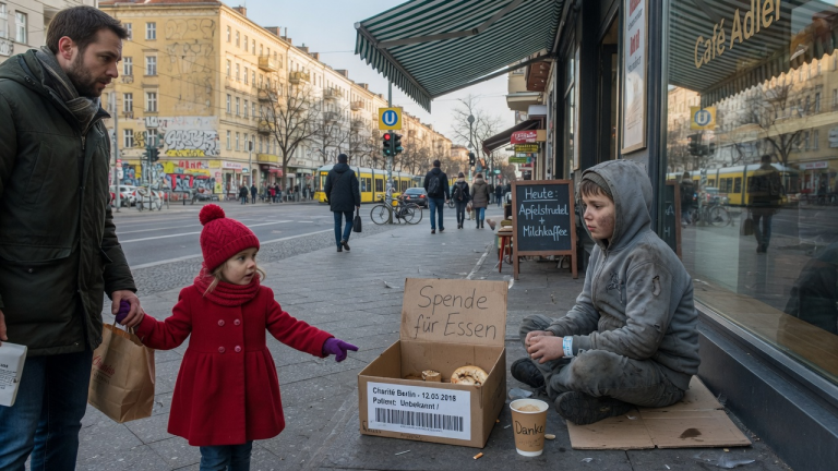 DIE KLEINE SOPHIE WOLLTE MIT IHREM VATER IN EIN RESTAURANT IN MÜNCHEN, BIS EIN BARFÜSSIGER JUNGE MIT EINER BOX DEN KOPF HOB — UND SEIN KLINIKBAND MACHTE DEN VATER BLEICH