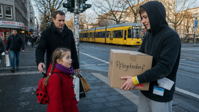 DIE KLEINE HANNA BLIEB IN DÜSSELDORF PLÖTZLICH STEHEN, WEIL DER JUNGE MIT DER BOX IHR GESICHT HATTE — UND SEIN KLINIKBAND ERKLÄRTE MEHR, ALS DER VATER SAGEN WOLLTE