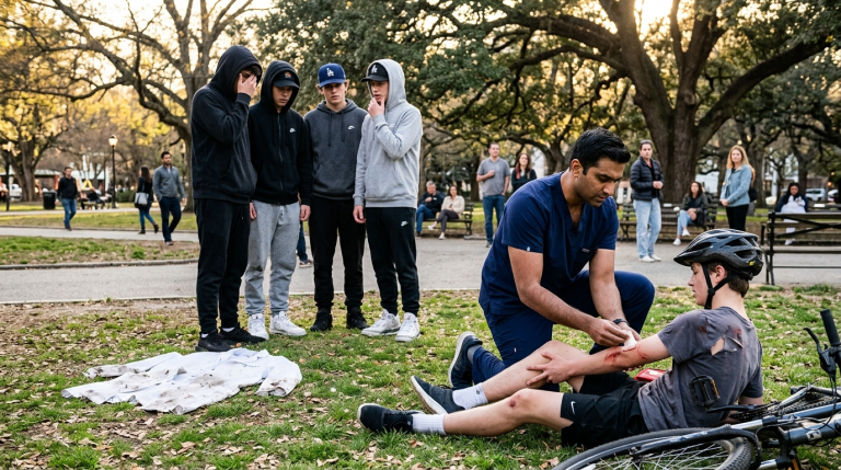 Der 30-jährige Arzt wird im Park von einer Gruppe Jugendlicher rassistisch beleidigt, zu Boden gestoßen und sein Arztkittel vor seinen Augen zerrissen. Sie lachen über ihn, während niemand eingreift.Doch nur zehn Minuten später geschieht ein schwerer Unfall – und ausgerechnet dieser Arzt ist der Einzige, der den Verletzten noch helfen kann … Werden die Angreifer ihn nun um Vergebung anflehen?