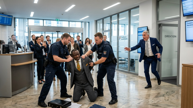 In einer Bank in Frankfurt wird ein elegant gekleideter Mann aus Ghana von den Sicherheitskräften brutal zu Boden gedrückt, weil er angeblich „verdächtig aussieht“. Sie halten ihn fest und wollen ihn aus dem Gebäude werfen – doch genau in diesem Moment stürmt der Bankdirektor aus seinem Büro.Die wahre Identität des Mannes am Boden versetzt plötzlich alle in tiefes Entsetzen.