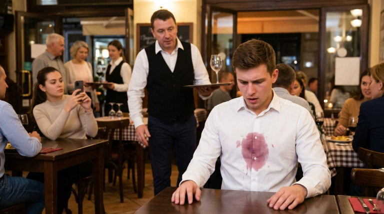 Ein junger Mann wird vom Servicepersonal ignoriert und schließlich aufgefordert, seinen Platz für eine „deutsche Familie“ freizumachen. Als er sich weigert, schüttet der Kellner ihm absichtlich ein Glas Rotwein über das weiße Hemd.Doch ein Gast am Nebentisch hat die gesamte Szene gefilmt … Das Video verbreitet sich rasend schnell im Internet, und das Leben des Kellners gerät von einem Tag auf den anderen völlig außer Kontrolle.