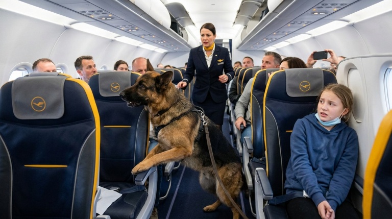 DER RIESIGE DEUTSCHE SCHÄFERHUND RISS SICH AUF DEM LUFTHANSA FLUG NACH MÜNCHEN LOS, DRÜCKTE DAS KRANKE MÄDCHEN GEWALTSAM GEGEN DIE KABINENWAND UND KNURRTE AGGRESSIV… GREIFT DAS TIER AUS PANIK AN ODER HAT ES EINE TÖDLICHE GEFAHR IM FLUGZEUG GEWITTERT?
