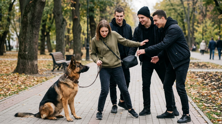 Drei Kriminelle umzingeln eine junge Frau im Park, um ihr die Handtasche zu rauben. Sie lachen über ihre Angst und stoßen sie zu Boden, ohne zu wissen, dass der Hund an ihrer Seite einst ein ausgebildeter Polizeihund war.Mit nur einem einzigen Befehl verändert sich die gesamte Situation innerhalb von Sekunden vollständig.