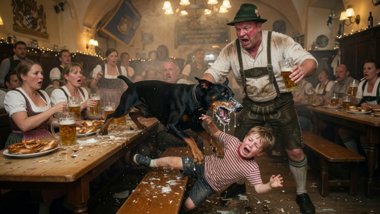 EIN SCHAUM VOR DEM MUND HABENDER DOBERMANN SPRANG IM MÜNCHNER HOFBRÄUHAUS AUF DEN 5-JÄHRIGEN PAUL UND STIESS IHN SCHREIEND UNTER DEN TISCH… WIRD DER HUND ZUBEISSEN ODER SCHÜTZT ER DEN JUNGEN VOR DEM BETRUNKENEN MANN MIT DEM ZERBROCHENEN BIERGLAS?