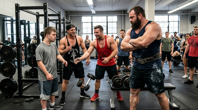 Der junge Mann mit Down-Syndrom wird von zwei muskulösen Fitnessstudio-Besuchern verspottet. Sie machen seine Bewegungen nach, schlagen ihm die Hanteln aus der Hand und stoßen ihn grob gegen die Wand, während sie sich über seine geistige Behinderung lustig machen.Doch plötzlich legt der stärkste Mann im Fitnessstudio seine Gewichte zur Seite und stellt sich schützend vor den Jungen … und was er den beiden Mobbern entgegenschreit, lässt sie augenblicklich die Flucht ergreifen.