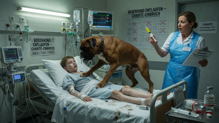 DER MUSKELBEPACKTE BOXER DRANG IN DAS CHARITÉ KRANKENHAUS EIN, SPRANG AUF DAS BETT DES SCHWERKRANKEN JUNGEN UND PRESSTE SEINE PFOTEN HART AUF DESSEN BRUST… WILL ER DEN PATIENTEN ERSTICKEN ODER VERHINDERT ER EINEN TÖDLICHEN FEHLER DER ARROGANTEN KRANKENSCHWESTER?