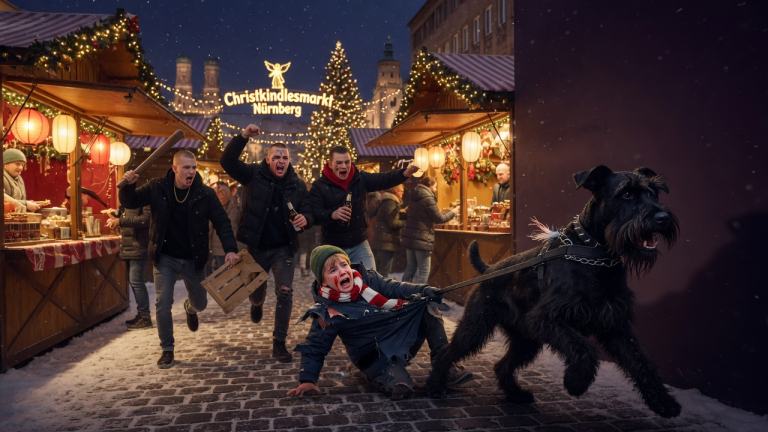 DER SCHWARZE RIESENSCHNAUZER ZERRTE DEN WEINENDEN MAX AUF DEM NÜRNBERGER CHRISTKINDLESMARKT AM KRAGEN IN DIE DUNKELHEIT UND RISS SEINE JACKE KAPUTT… ENTFÜHRT DER HUND DAS KIND ODER BRINGT ER ES VOR DREI AGGRESSIVEN SCHLÄGERN IN ABSOLUTE SICHERHEIT?