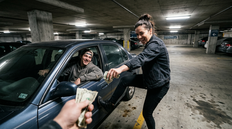 In der Tiefgarage erwischte ich sie, wie sie den Fahrer küsste und über meine Krankheit lachte. Sie trat gegen mein Schienbein und riss mir das mühsam ersparte Geld aus der Hand – „Das hier braucht er mehr als du für deine Medikamente“… Ein schwerer Fehler, denn mein Anwalt beobachtete jede ihrer Bewegungen.