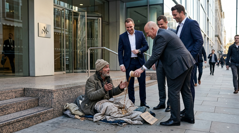 Reiche Geschäftsleute beleidigen einen Obdachlosen vor ihrem Bürogebäude und schütten absichtlich Kaffee über seine alten Decken. Sie finden es amüsant, wie er um Gnade und ein wenig Respekt bittet. Am nächsten Morgen erfahren sie, dass der Mann der exzentrische Milliardär und Eigentümer des Gebäudes ist, der ihren Charakter testen wollte.