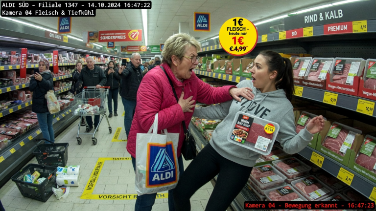 MITTEN IM ALDI-SUPERMARKT WURDE ICH VON MEINER SCHWIEGERMUTTER GEGEN EIN REGAL GESCHLEUDERT UND ALS 1-EURO-HURE BESCHIMPFT, NUR WEIL ICH DAS TEURE FLEISCH KAUFEN WOLLTE… WER WIRD DAS ÜBERWACHUNGSVIDEO AN DEN STAATSANWALT WEITERLEITEN, UM EINE MILLIONENKLAGE WEGEN RUFMORD UND VERLEUMDUNG EINZUREICHEN?