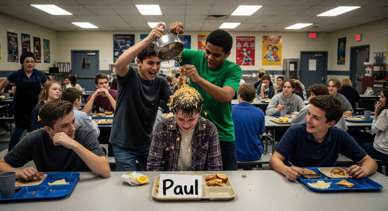 Paul wird von seinen Mitschülern ständig gemobbt und ausgegrenzt, weil er arm ist. Mitten in der Schulkantine schütten sie Essensreste über seinen Kopf. Genau in diesem Moment tritt die Klassenlehrerin vor, und die Täter müssen endlich die Konsequenzen für ihr Verhalten tragen.