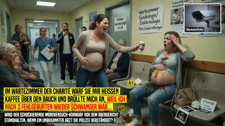 IM WARTEZIMMER DER CHARITÉ WARF SIE MIR HEISSEN KAFFEE ÜBER DEN BAUCH UND BRÜLLTE MICH AN, WEIL ICH NACH 3 FEHLGEBURTEN WIEDER SCHWANGER WAR… WIRD DER SCHOCKIERENDE MORDVERSUCH-VORWURF VOR DEM OBERGERICHT STANDHALTEN, WENN EIN UNBEKANNTER ARZT DIE POLIZEI VERSTÄNDIGT?
