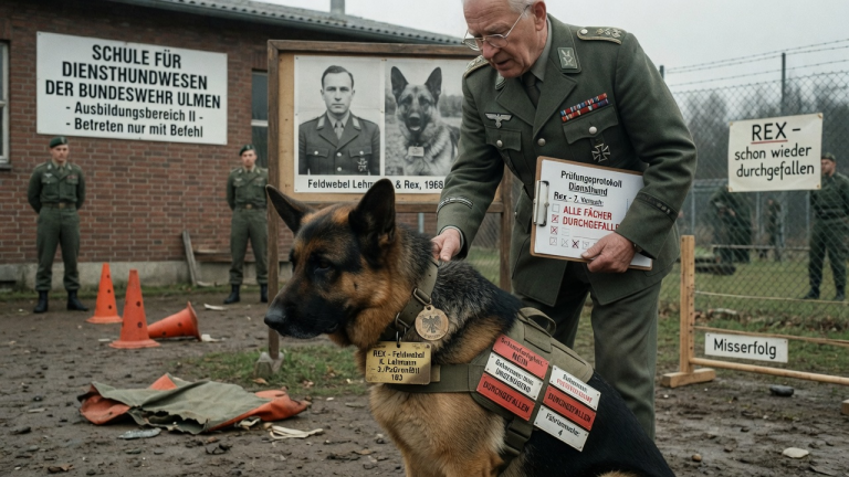 DER DIENSTHUND REX FIEL AN DER SCHULE FÜR DIENSTHUNDEWESEN DER BUNDESWEHR IN ULMEN DURCH JEDE PRÜFUNG — BIS EIN ALTER FELDWEBEL DEN NAMEN AUF SEINEM HALSBAND LAS