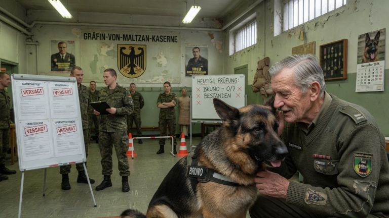 DER SCHÄFERHUND BRUNO VERSAGTE BEI JEDEM TEST IN DER GRÄFIN-VON-MALTZAN-KASERNE — BIS EIN GRAUHAARIGER VETERAN EINEN ALTEN BEFEHL FLÜSTERTE