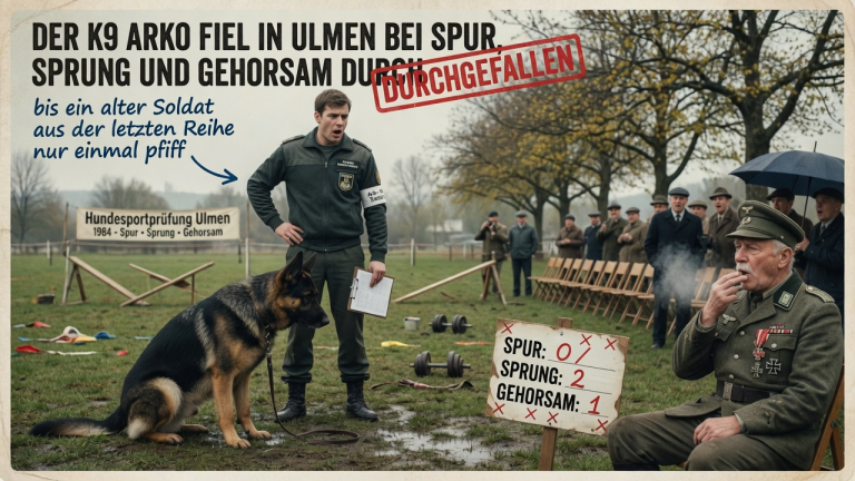 DER K9 ARKO FIEL IN ULMEN BEI SPUR, SPRUNG UND GEHORSAM DURCH — BIS EIN ALTER SOLDAT AUS DER LETZTEN REIHE NUR EINMAL PFIFF