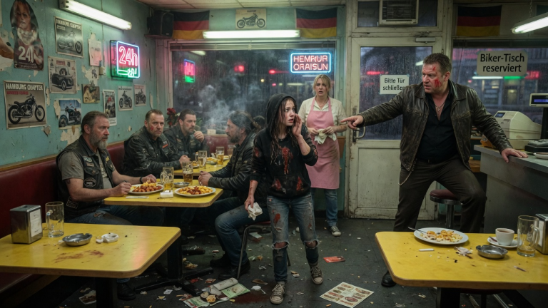 „ER IST NICHT MEIN PAPA… BITTE SAGT ES NICHT LAUT“ — DAS VERDRECKTE MÄDCHEN SCHLICH IM HAMBURGER DINER ZUM BIKER-TISCH, WÄHREND DER FREMDE MANN AN DER TÜR AUFSTAND