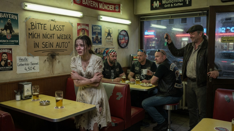 „BITTE LASST MICH NICHT WIEDER IN SEIN AUTO“ — DAS ZITTERNDE MÄDCHEN MIT DEM SCHMUTZIGEN KLEID STAND IM MÜNCHNER DINER NEBEN DEN BIKERN, WÄHREND DER FREMDE MANN SCHON DEN SCHLÜSSEL HOB