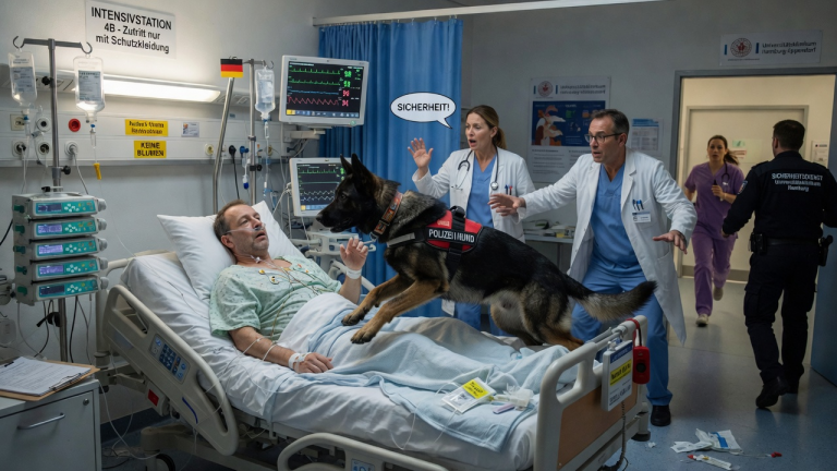 DER K9 SPRANG IN DER HAMBURGER INTENSIVSTATION AUF MEIN BETT — DIE ÄRZTE RIEFEN NACH SICHERHEIT, BIS DER HUND NICHT MICH ANSAH, SONDERN DEN TROPFSCHLAUCH