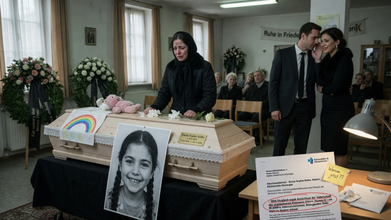 BEI DER BEERDIGUNG DER KLEINEN EMMA STAND DIE MUTTER ALLEIN AM SARG, WÄHREND DER EHEMANN MIT DER GELIEBTEN FLÜSTERTE — BIS DER LETZTE KRANKENHAUSBERICHT EINE FRAGE AUFWARF