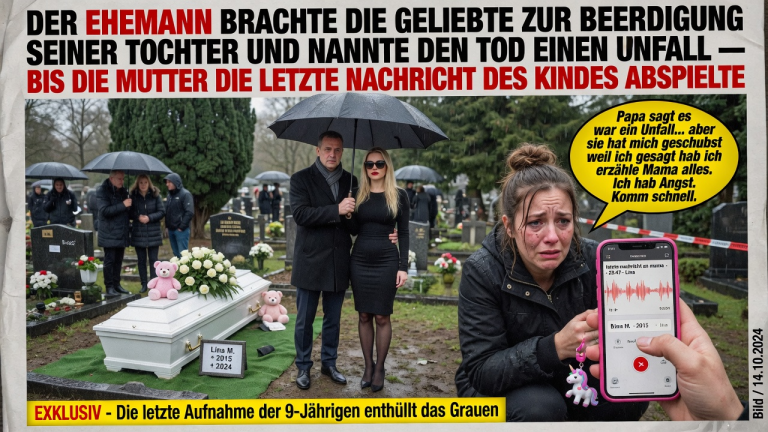 DER EHEMANN BRACHTE DIE GELIEBTE ZUR BEERDIGUNG SEINER TOCHTER UND NANNTE DEN TOD EINEN UNFALL — BIS DIE MUTTER DIE LETZTE NACHRICHT DES KINDES ABSPIELTE