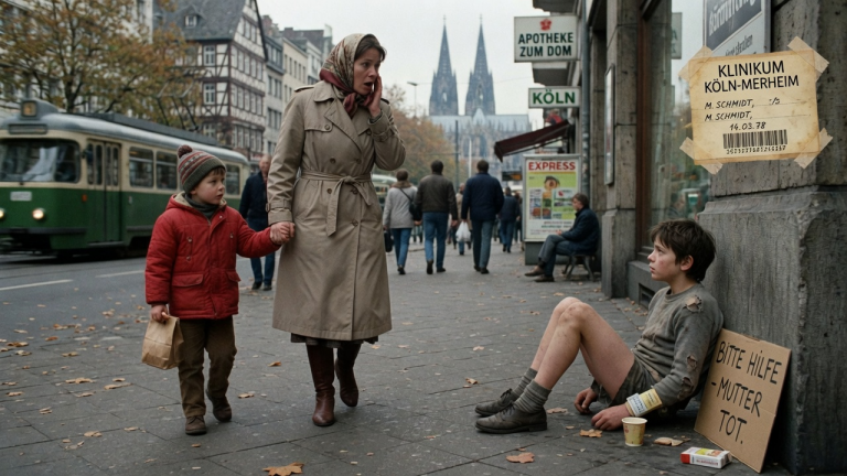 DER KLEINE TIM GING MIT SEINER MUTTER DURCH KÖLN, BIS EIN JUNGE MIT EINEM ALTEN KLINIKBAND AM BÜRGERSTEIG SASS — UND DIE MUTTER PLÖTZLICH SEINEN NAMEN ERKANNTE