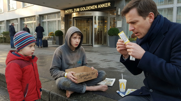 DER KLEINE NOAH SAH EINEN BARFÜSSIGEN JUNGEN MIT EINER BOX VOR DEM HOTEL SITZEN — DOCH ALS SEIN VATER DAS KLINIKBAND LAS, WAR PLÖTZLICH NICHTS MEHR ZUFALL