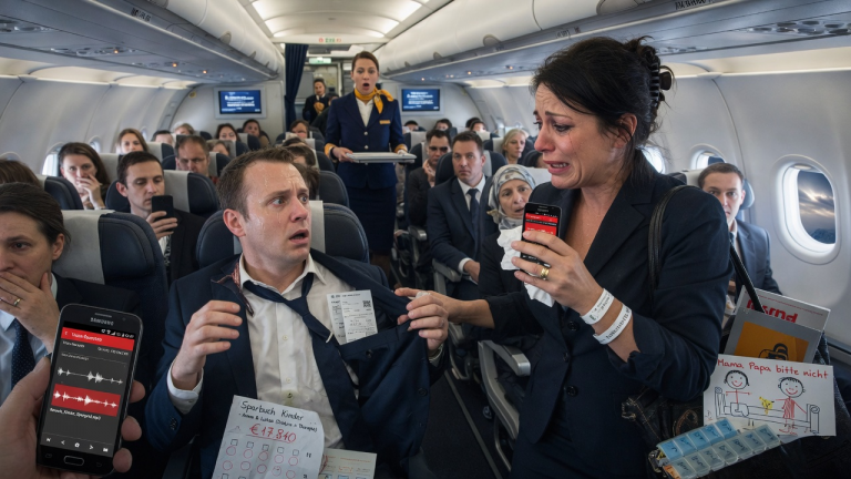 AUF DEM LUFTHANSA-FLUG NACH BERLIN RISS SARA IHREM MANN WÜTEND DAS SAKKO AUF UND WEINTE, DA ER DAS SPARGELD IHRER 2 KRANKEN KINDER VERPRASSTE… ABER KEINER AN BORD WUSSTE, DASS DIE AUDIOAUFNAHME AUF IHREM HANDY IHN DIREKT INS GEFÄNGNIS BRINGEN WÜRDE.