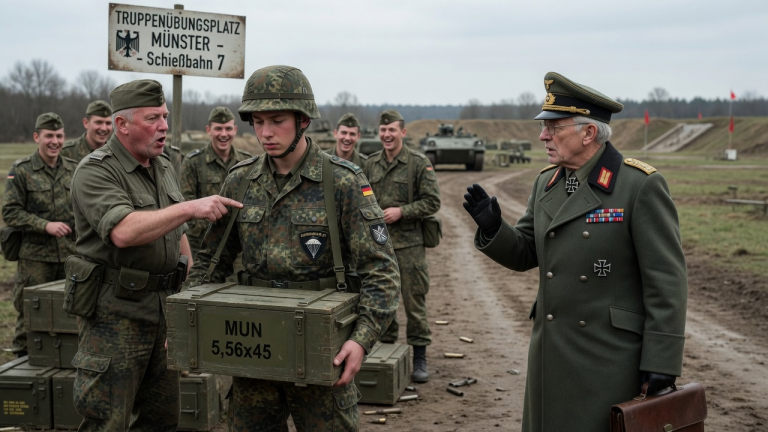 EIN JUNGER SOLDAT WIRD AUF DEM TRUPPENÜBUNGSPLATZ MUNSTER ALS NUTZLOSER LAUFBURSCHE BESCHIMPFT, WEIL ER NUR MUNITION TRÄGT — DOCH DER ALTE OBERST ERKENNT DAS ABZEICHEN AN SEINER TASCHE