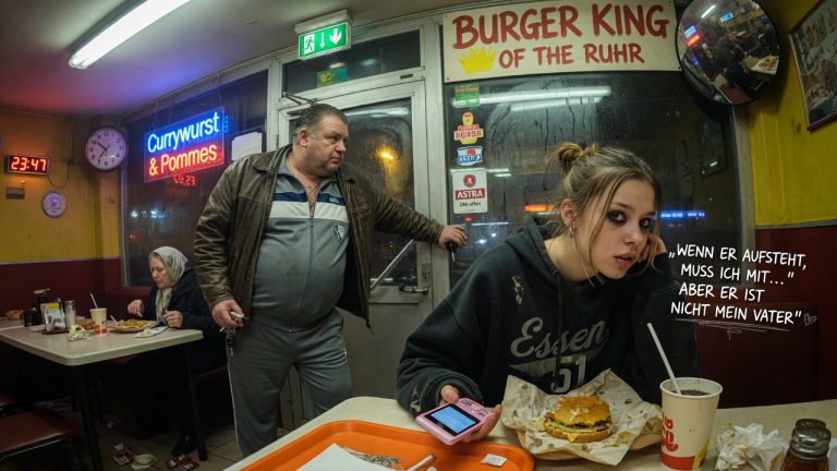 „WENN ER AUFSTEHT, MUSS ICH MIT… ABER ER IST NICHT MEIN VATER“ — DAS SCHMUTZIGE MÄDCHEN FLÜSTERTE ES IM ESSENER BURGERLADEN, WÄHREND DER FREMDE DEN AUSGANG BLOCKIERTE