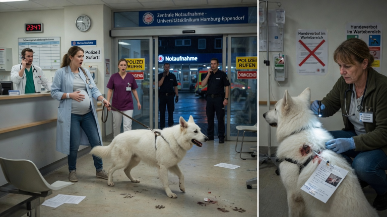 EIN WEISSER SCHWEIZER SCHÄFERHUND ZERRTE EINE SCHWANGERE FRAU IN DIE NOTAUFNAHME IN HAMBURG — DIE ÄRZTE RIEFEN DIE POLIZEI, BIS EINE EHEMALIGE TIERÄRZTIN ETWAS IN SEINEM FELL SAH