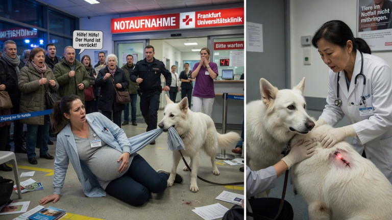 EIN WEISSER SCHÄFERHUND SCHLEPPTE EINE SCHWANGERE FRAU IN DIE FRANKFURTER NOTAUFNAHME — ALLE RIEFEN NACH HILFE, BIS DIE EHEMALIGE TIERÄRZTIN NUR SEIN FELL ANSAH