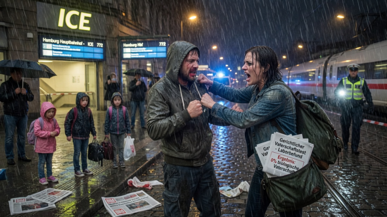 IM ICE NACH HAMBURG SCHLUG ANNA WÜTEND AUF IHREN MANN EIN, WEIL ER IHRE 3 KINDER IM STRÖMENDEN REGEN STEHEN LIESS… ABER ZU DIESEM ZEITPUNKT WUSSTE NIEMAND, DASS DER GERICHTLICHE VÄTERLICHKEITSTEST IN IHREM RUCKSACK SEIN GRÖSSTER ALBTRAUM WAR.