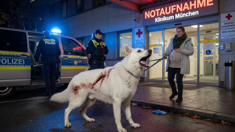 EIN WEISSER SCHÄFERHUND BELLTE VOR DER NOTAUFNAHME IN MÜNCHEN UND ZOG AN DER SCHWANGEREN FRAU — DIE POLIZEI KAM SCHON, DOCH AUF SEINEM FELL LAG EINE SPUR