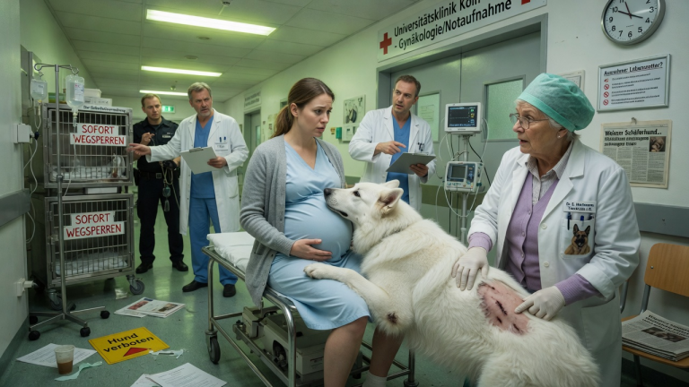 DER WEISSE SCHWEIZER SCHÄFERHUND LIESS DIE SCHWANGERE FRAU IN DER KÖLNER KLINIK NICHT LOS — DIE ÄRZTE WOLLTEN IHN WEGSPERREN, BIS EINE ALTE TIERÄRZTIN DEN GRUND SAH
